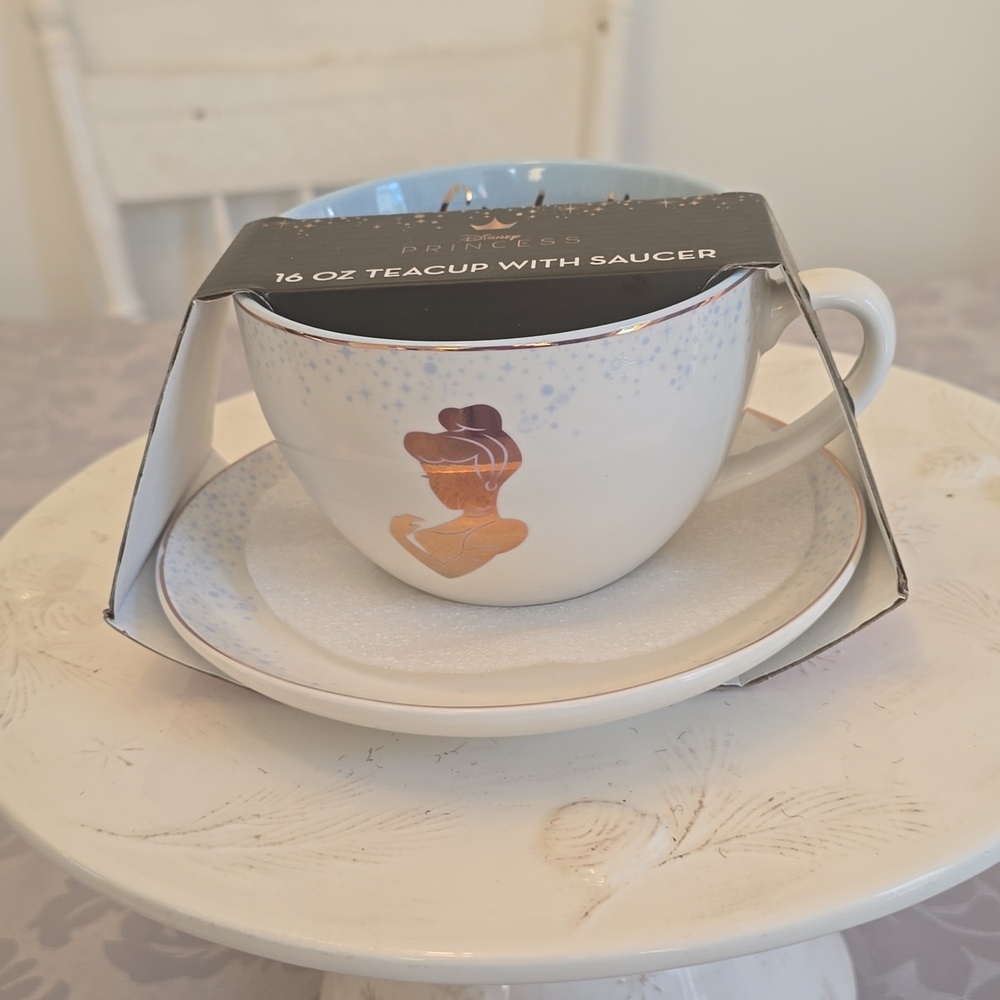 New Disney Princess Cinderella 16 oz Teacup + Saucer Rose Gold